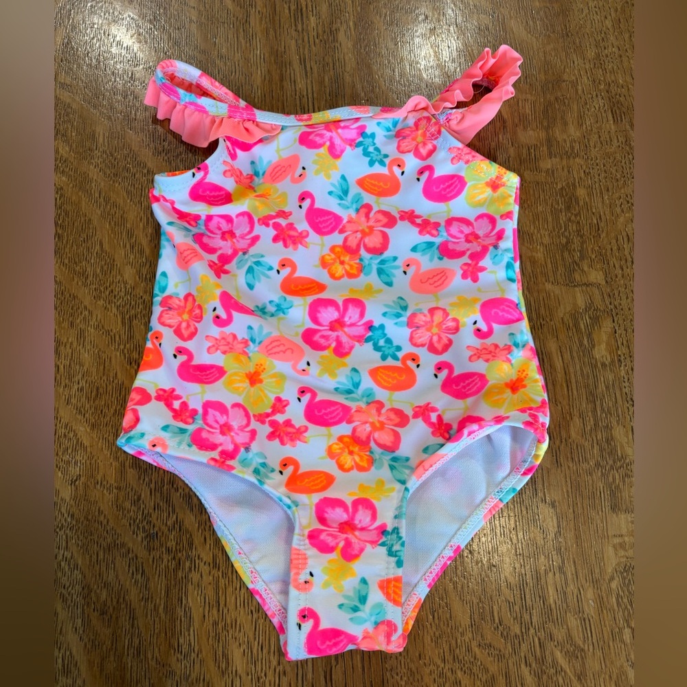 Healthtex Pink and Orange One Piece Swimsuit Vibrant Floral Design